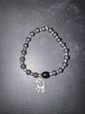 Handmade Matte Black Beaded Bracelet with Cat Charm